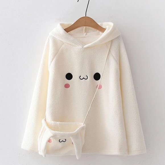 Rabbit ears sweater hoodie bag set fuzzy white cream fun Kawaii womens cartoon - Picture 1 of 6